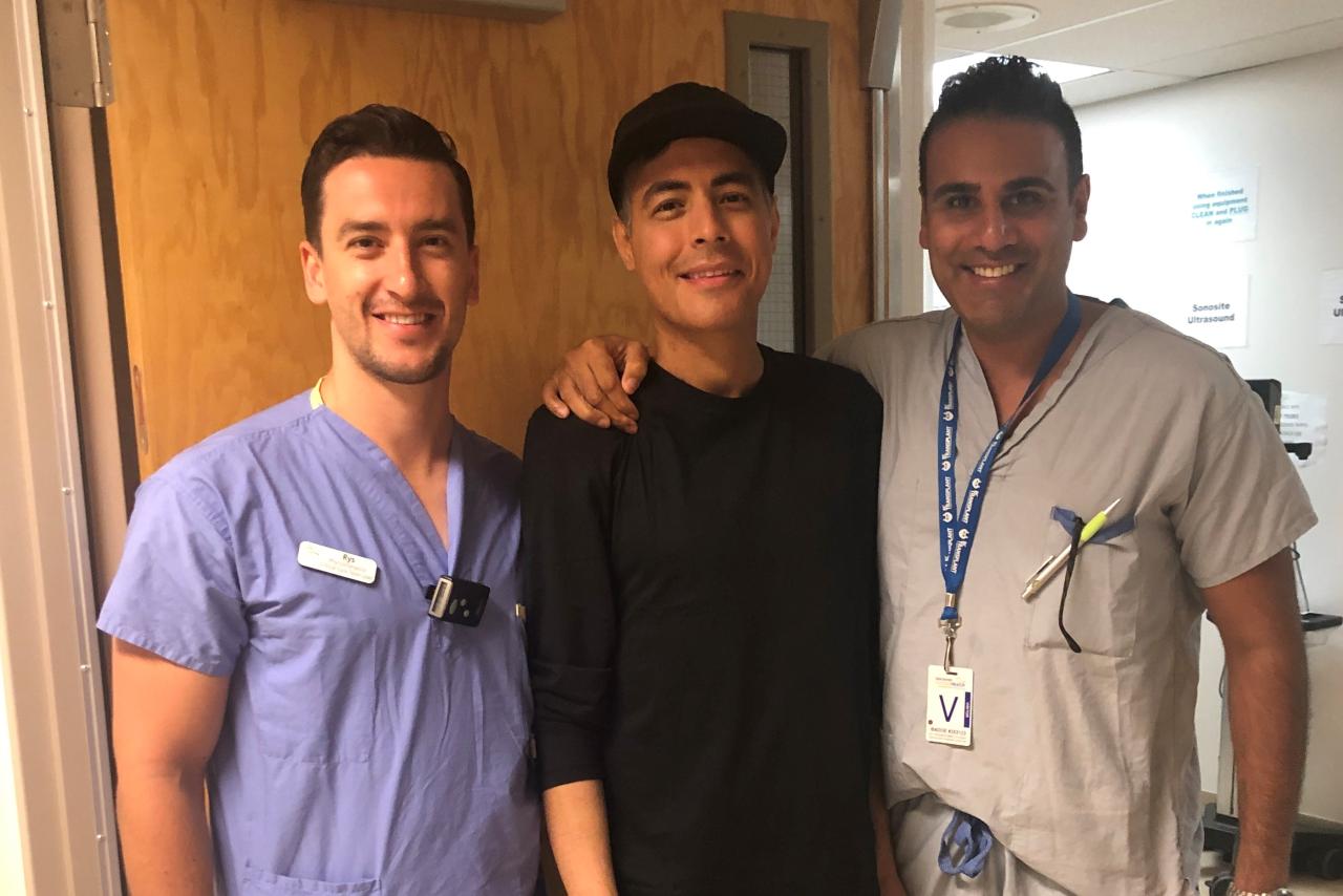 From left to right: VCH physiotherapist Rys Chapple, Nick Kanaan, ECMO patient, Dr. Hussein Kanji, VCH.