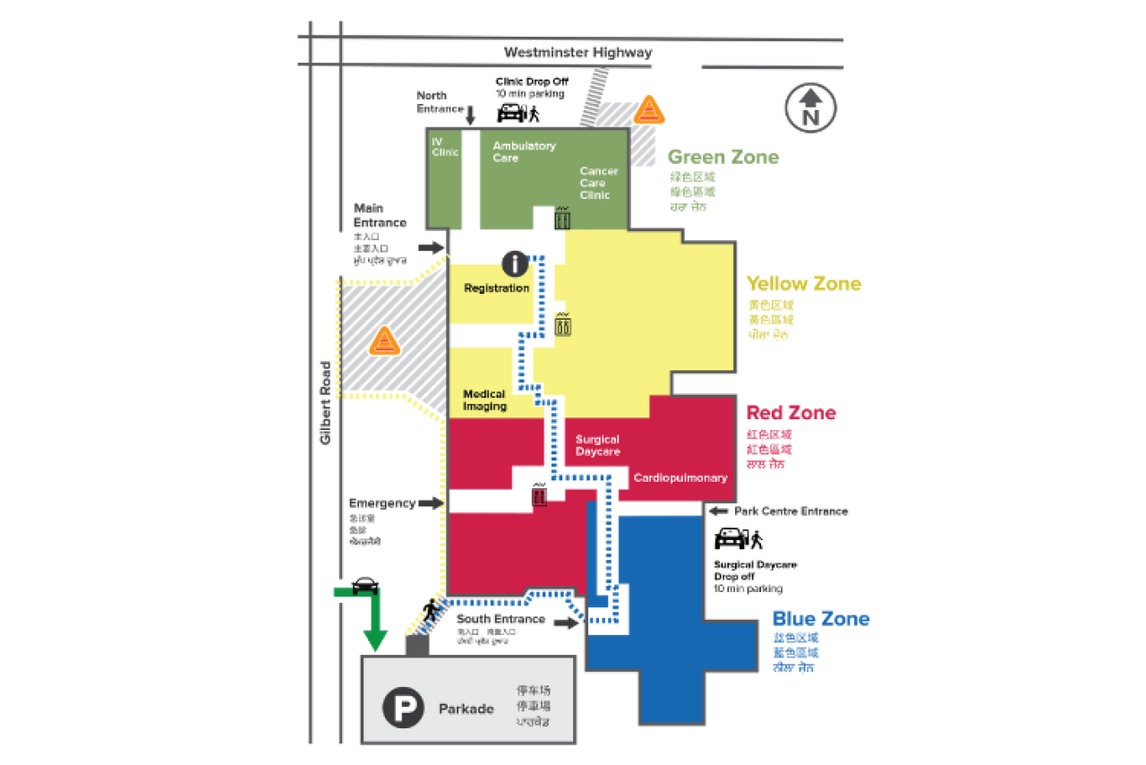 Map showing parking and entrances to Richmond Hospital