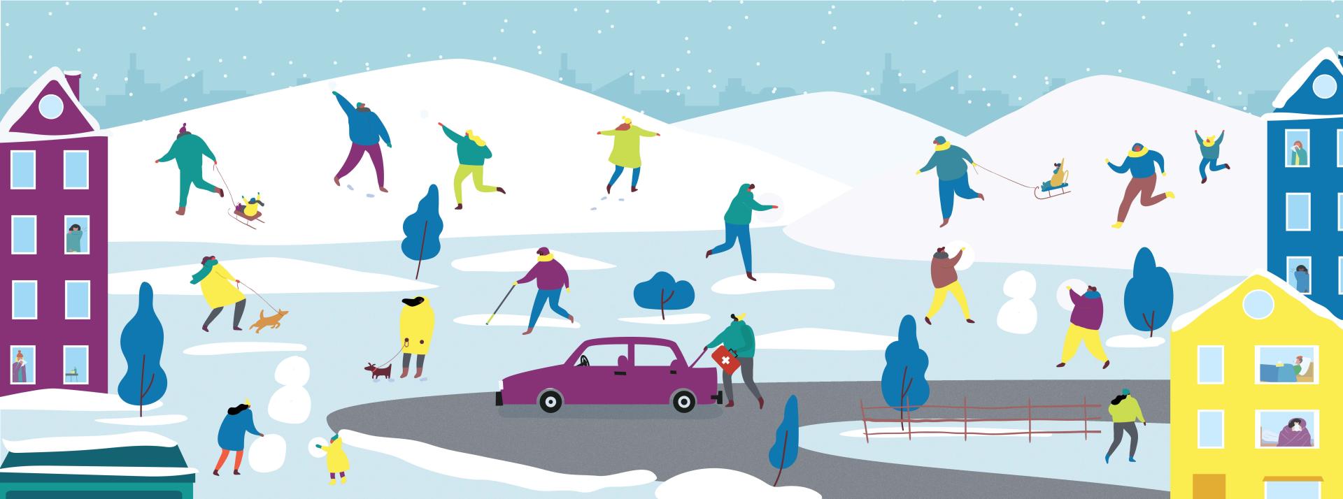 An illustration showing a scene of a town during winter
