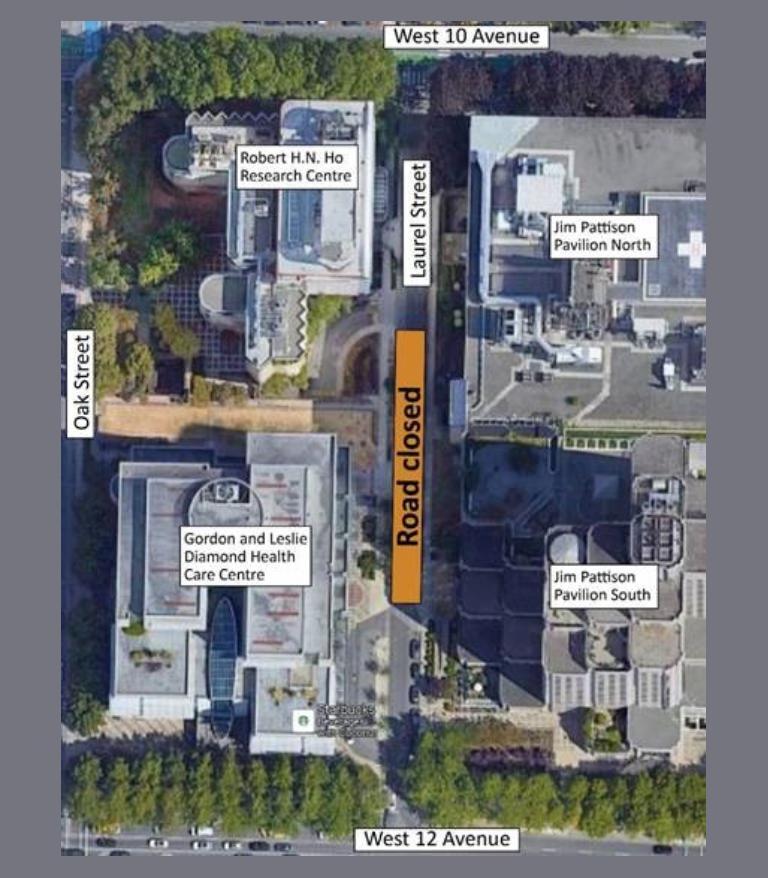 Map showing the temporary road closure on laurel street between 10th and 12 avenue