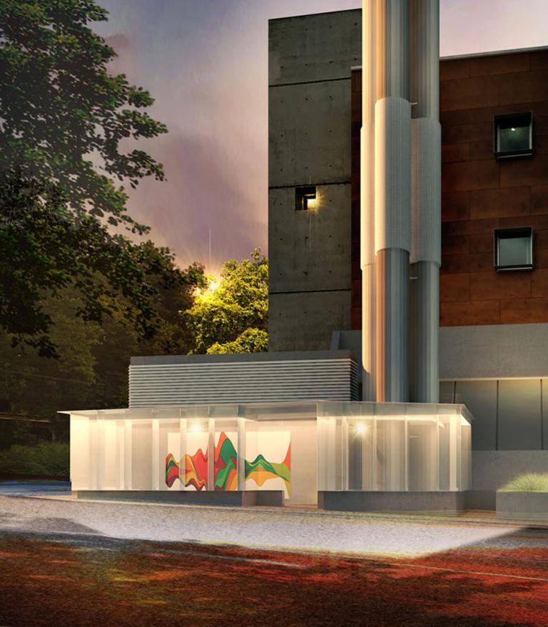 Architectural renderings of Lions Gate Hospital power plant chimney stacks
