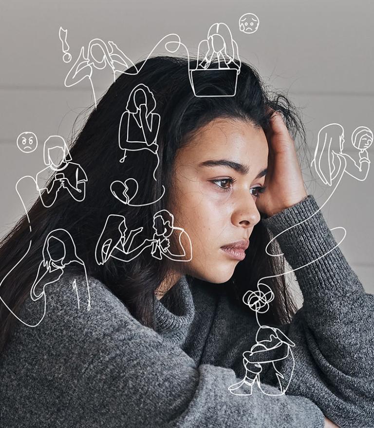 Youth deep in thought with illustrations representing common worries floating around their head
