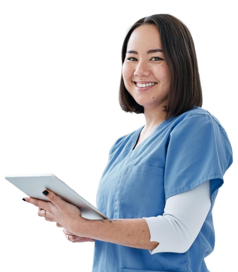 A nurse smiling holding a tablet