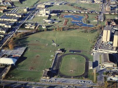 Aerial photograph taken at an altitude of 1,000 feet, showing Minoru Park, and looking south towards Minoru Chapel and Richmond General Hospital in 1978.