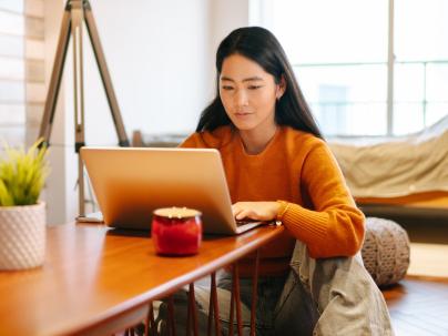 A person using their laptop in a sunny living room